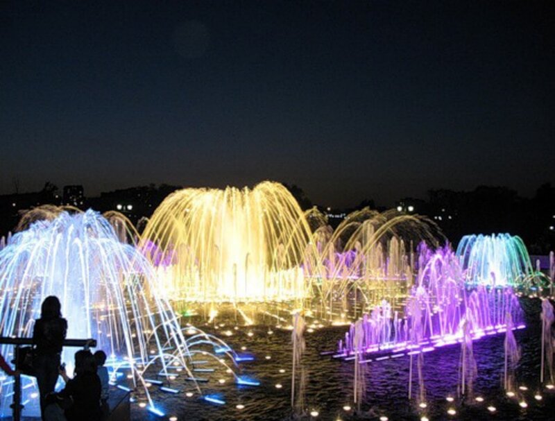 Colorful fountain show at night