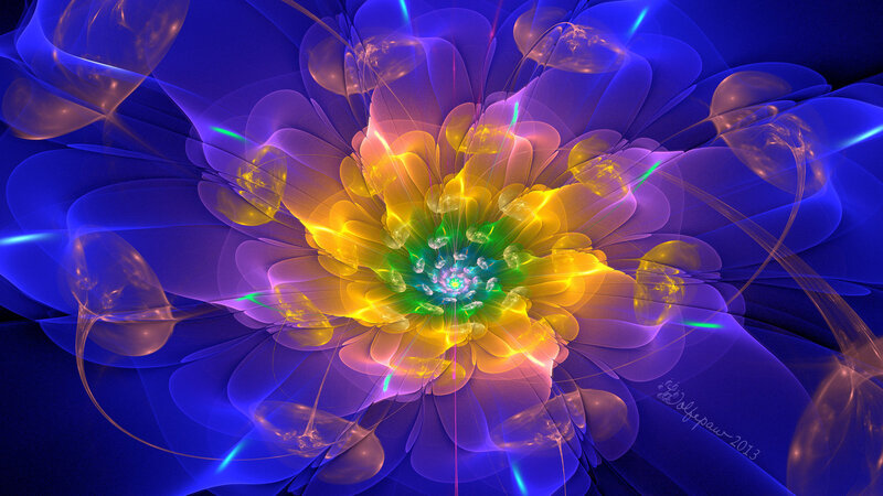 Colorful Fractal Flower — Blue, Vibrant, Digital Art, Light Beams
