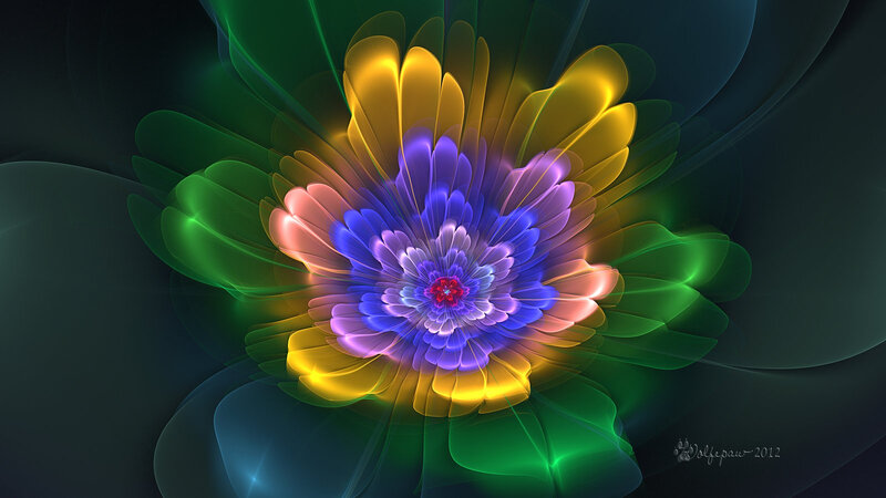 Colorful Fractal Flower — Purple, Vibrant, Digital Art, Petals, Center, Glow
