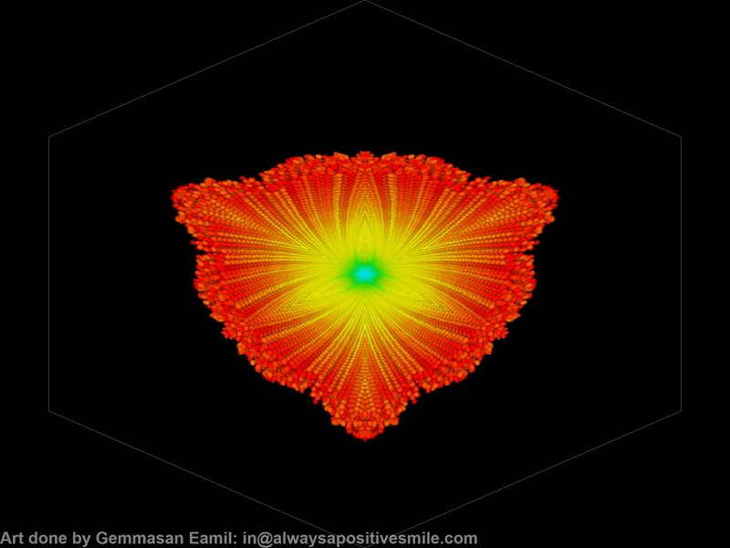 Colorful Fractal Flower — Red, Vibrant, Digital Art, Hexagon