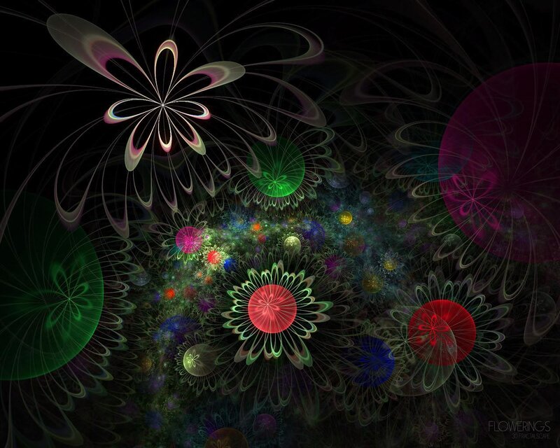 Colorful Fractal Flowers — Black, Hypnotic, Digital Art