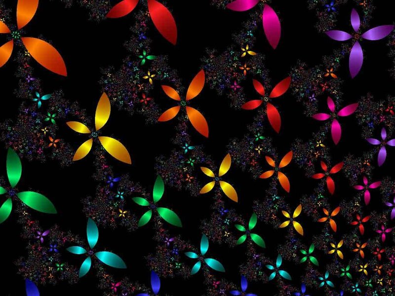 Colorful Fractal Flowers — Black, Vibrant, Digital Art