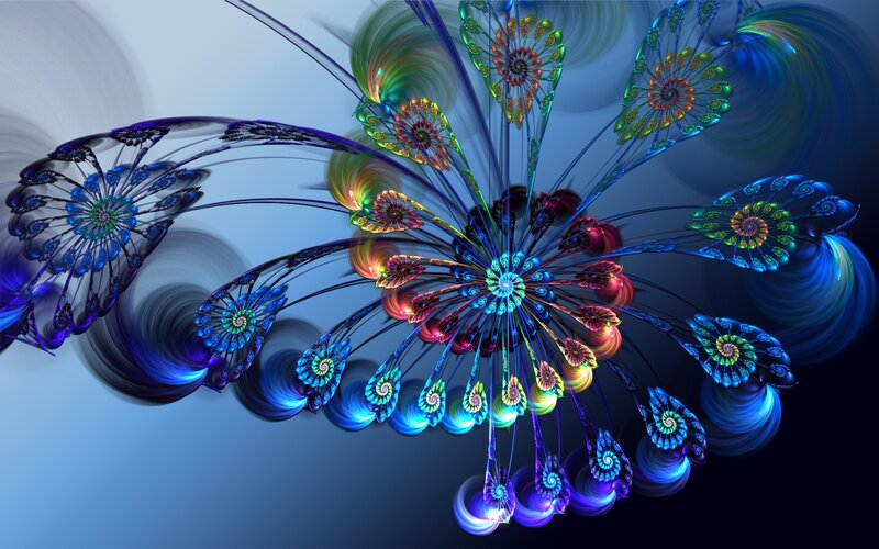 Colorful Fractal Flowers — Blue, Vibrant, Digital Art, Spirals, Light Effects