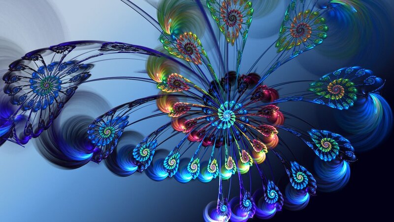 Colorful Fractal Flowers — Blue, Vibrant, Digital Art, Spirals