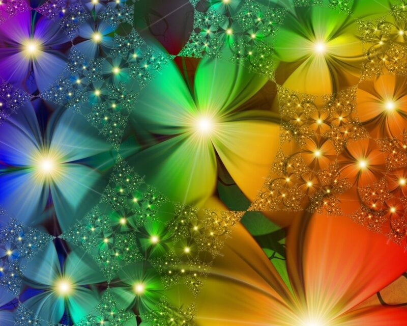 Colorful Fractal Flowers — Green, Vibrant, Digital Art, Stars, Light Rays, Fractals