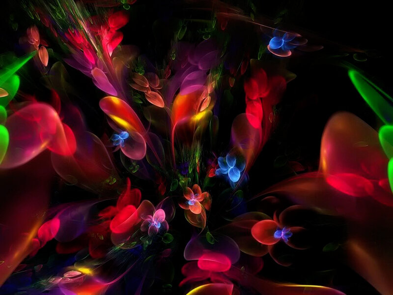 Colorful Fractal Flowers — Red, Vibrant, Digital Art, Light