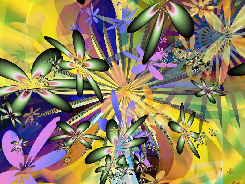 Colorful Fractal Flowers — Yellow, Vibrant, Digital Art, Fractals, Radiating Lines