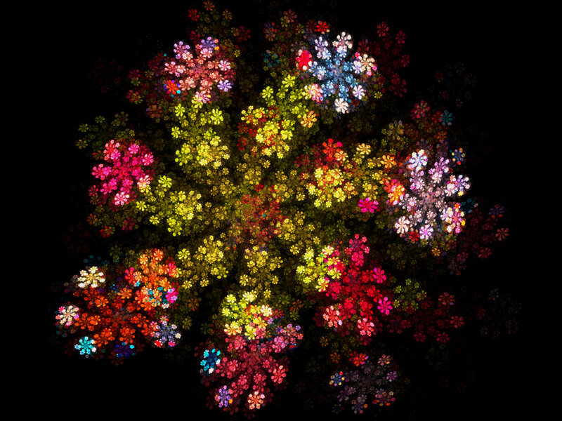 Colorful Fractal Flowers — Yellow, Vibrant, Digital Art, Light