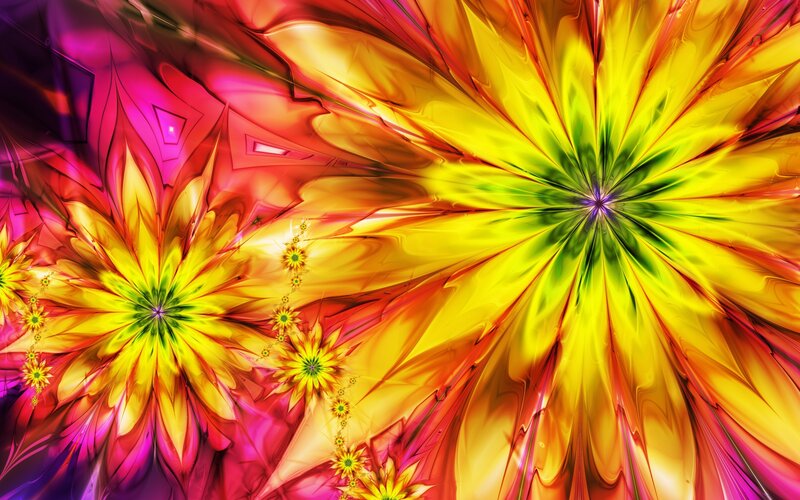 Colorful Fractal Flowers — Yellow, Vibrant, Digital Art, Patterns, Colors