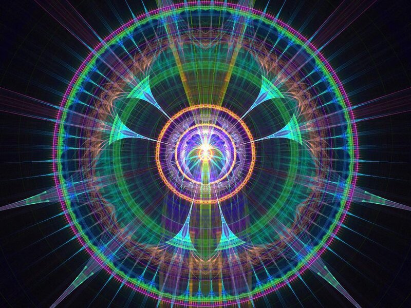 Colorful Fractal Pattern — Green, Hypnotic, Digital Art, Circles, Light Rays