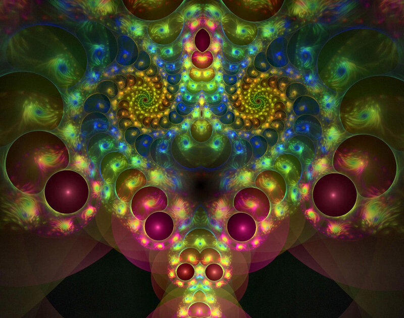 Colorful Fractal Pattern — Green, Hypnotic, Digital Art, Spirals, Circles, Light Effects