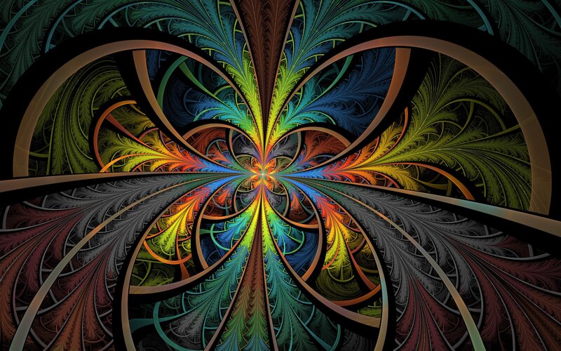 Colorful Fractal Pattern — Green, Hypnotic, Digital Art, Spirals, Feathers