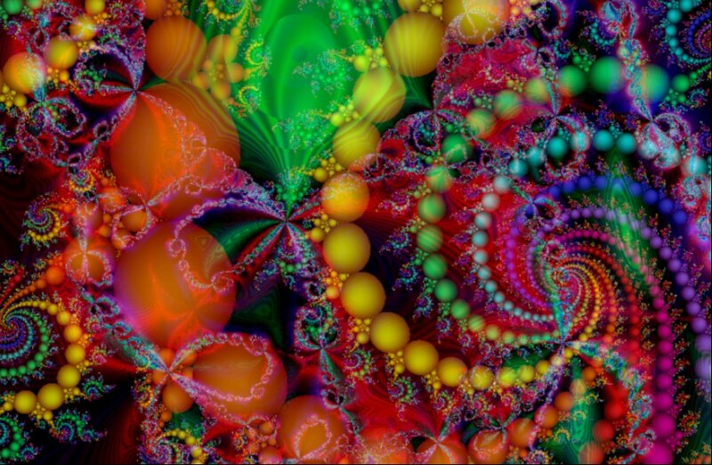 Colorful Fractal Pattern — Green, Vibrant, Abstract, Spirals, Spheres