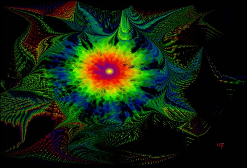 Colorful Fractal Pattern — Green, Vibrant, Digital Art, Light, Center