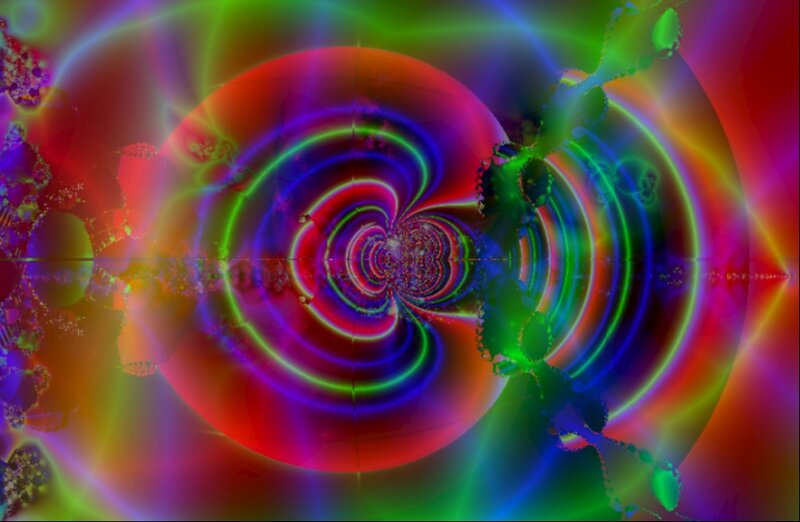Colorful Fractal Pattern — Red, Vibrant, Abstract, Circles, Light Rays