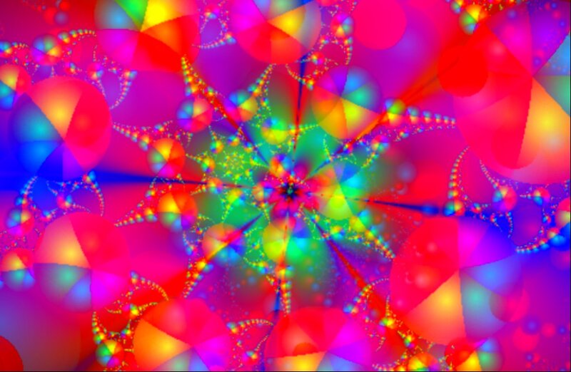 Colorful Fractal Pattern — Red, Vibrant, Abstract, Circles, Spiral, Light Rays