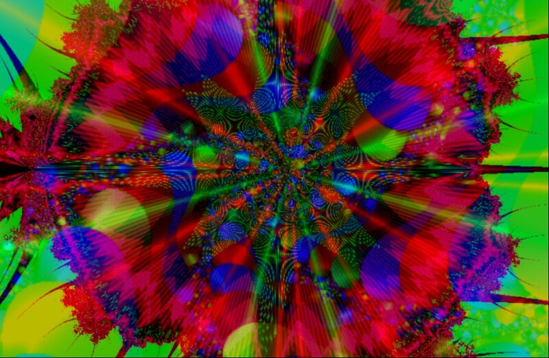 Colorful Fractal Pattern — Red, Vibrant, Abstract, Spiral, Rays