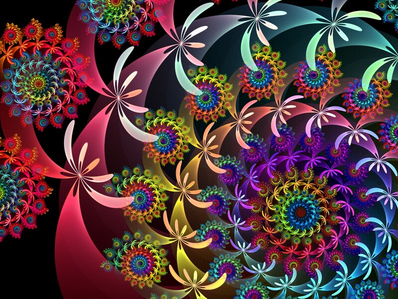 Colorful Fractal Patterns — Black, Vibrant, Digital Art