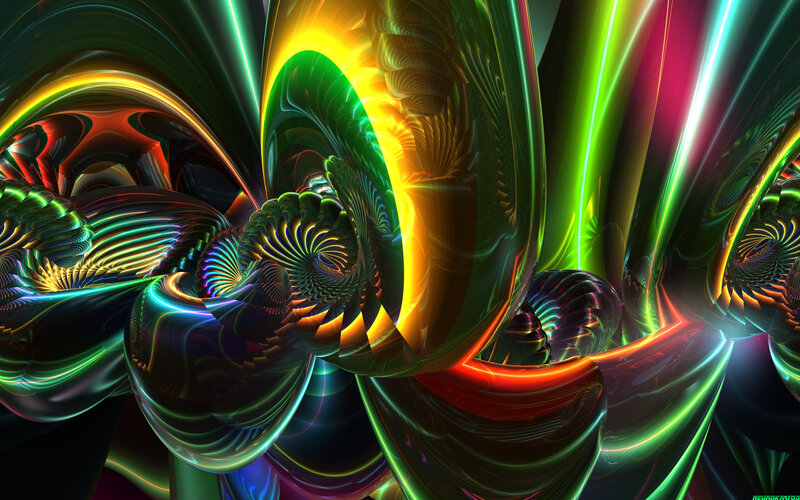 Colorful Fractal Patterns — Green, Vibrant, Digital Art, Spirals, Neon Lights
