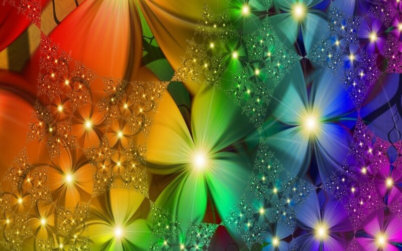 Colorful Fractal Patterns — Green, Vibrant, Digital Art, Stars, Flowers