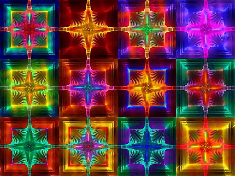 Colorful Fractal Patterns — Red, Vibrant, Abstract, Stars, Squares