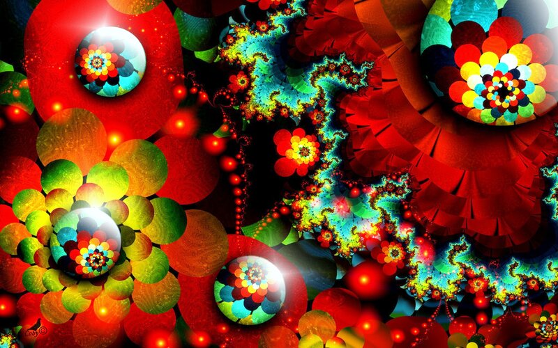 Colorful Fractal Patterns — Red, Vibrant, Digital Art, Flowers