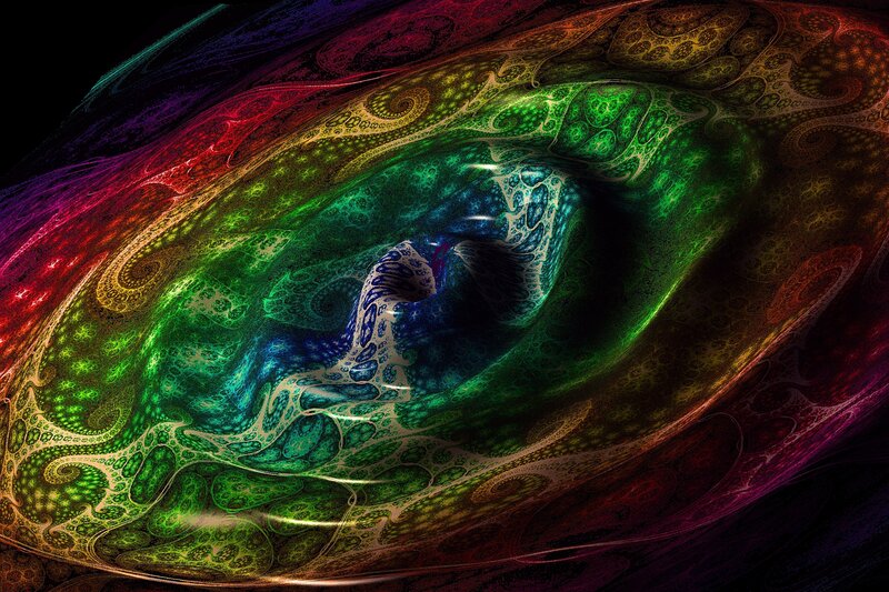 Colorful Fractal Tunnel — Green, Hypnotic, Digital Art, Spirals