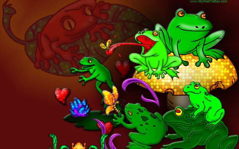 colorful frogs and mushrooms
