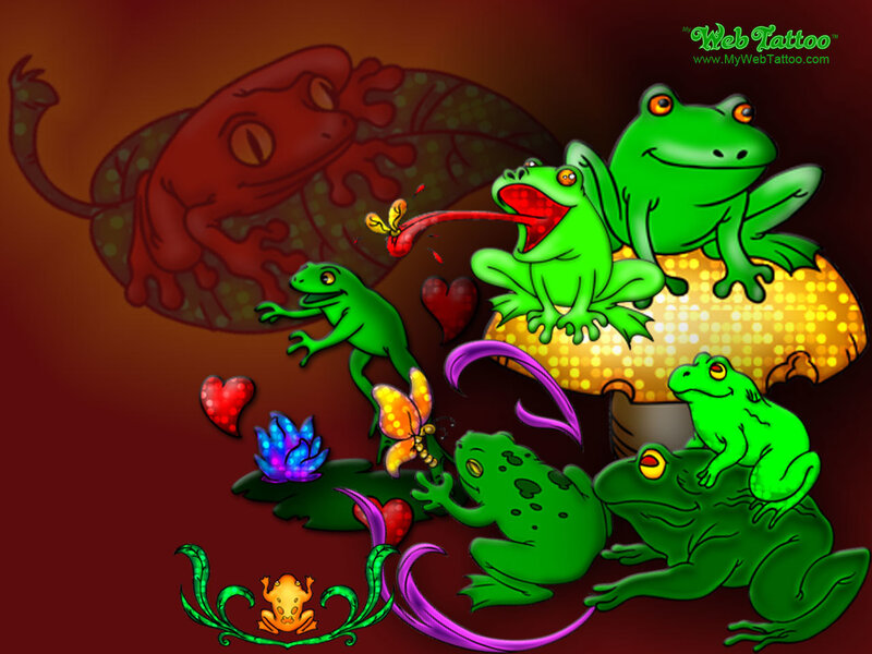 colorful frogs on a mushroom