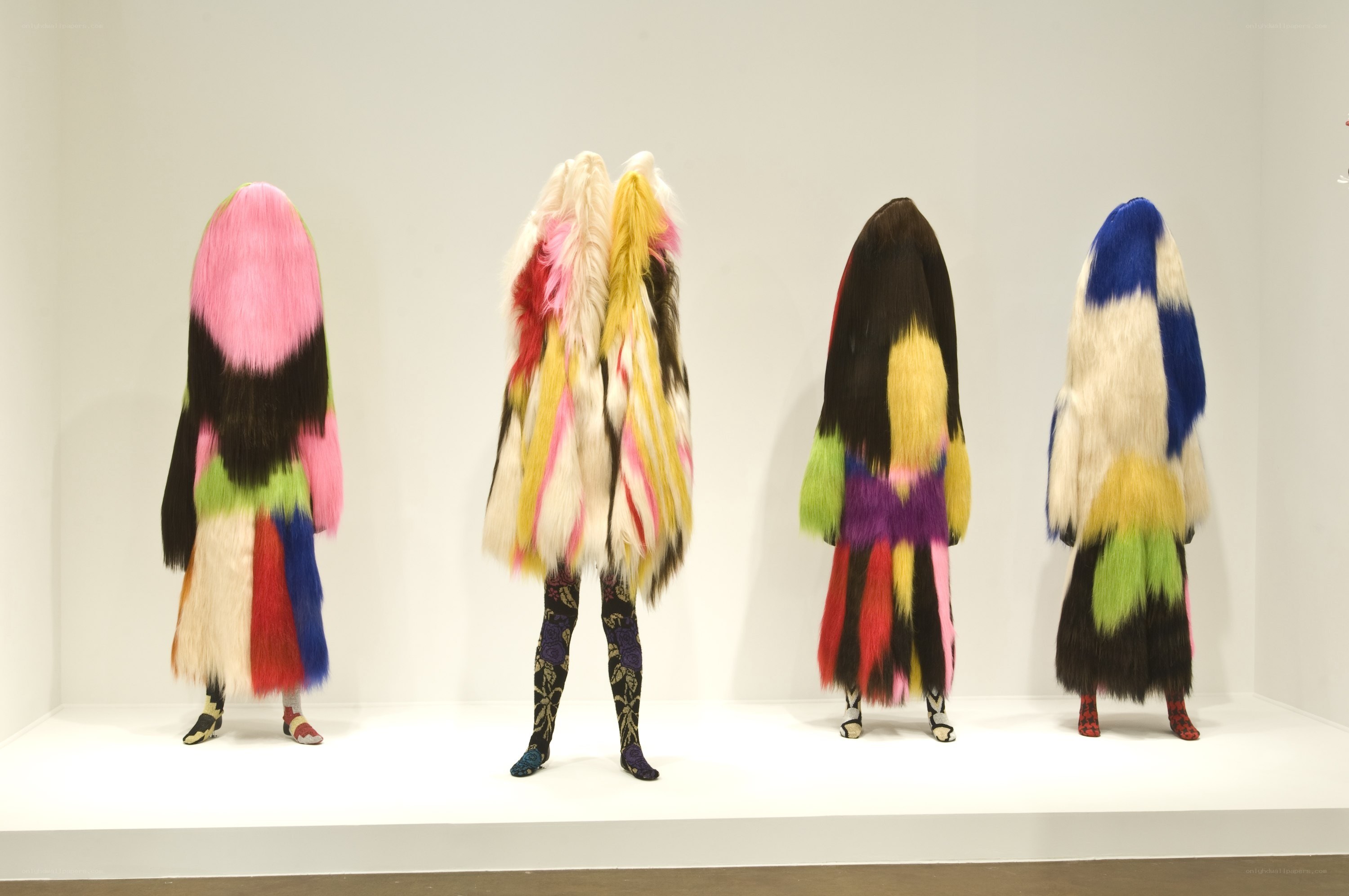 Colorful fur costumes on display
