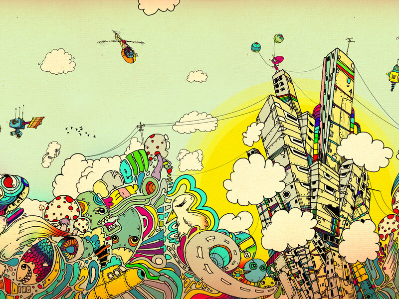 Colorful futuristic cityscape