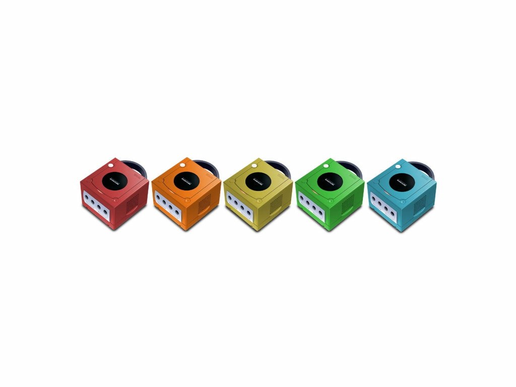 Colorful game consoles in a row