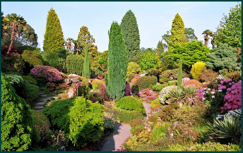 Colorful Garden Landscape — Green, Serene, Afternoon, Photograph, Trees, Flowers, Path