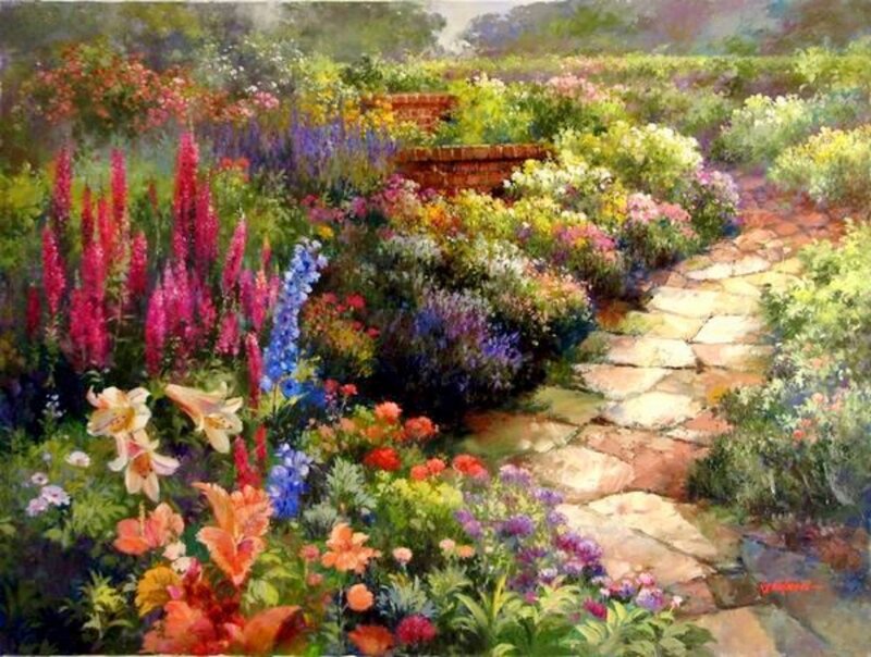 Colorful Garden Path — Green, Serene, Afternoon, Painting, Flowers, Stone Path