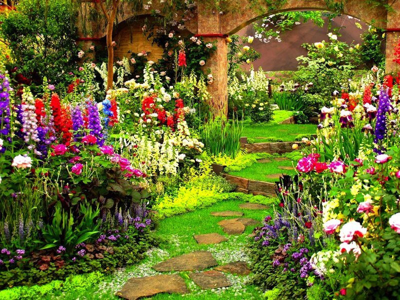 Colorful Garden Path — Green, Serene, Afternoon, Photograph, Flowers, Stone Path