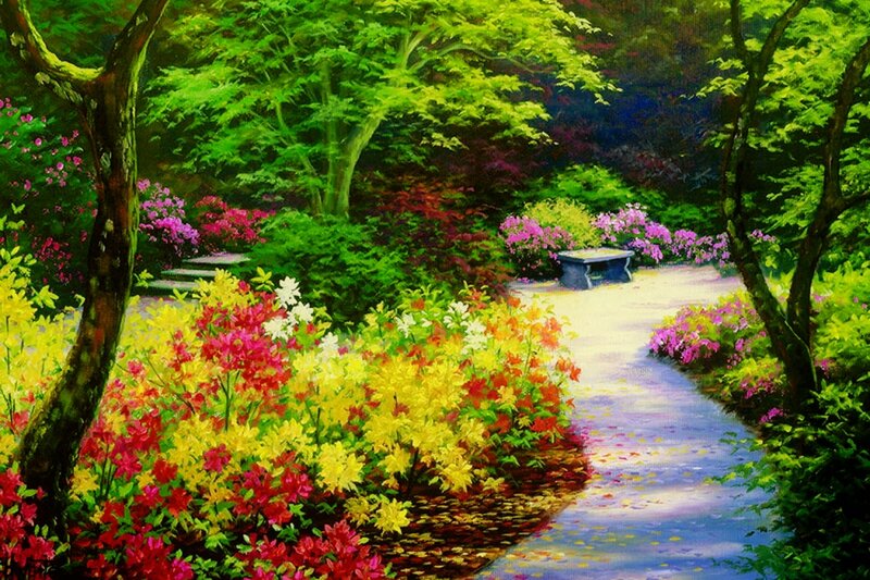 Colorful Garden Path — Green, Serene, Spring, Painting