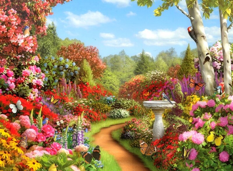 Colorful Garden Path — Pink, Serene, Afternoon, Illustration
