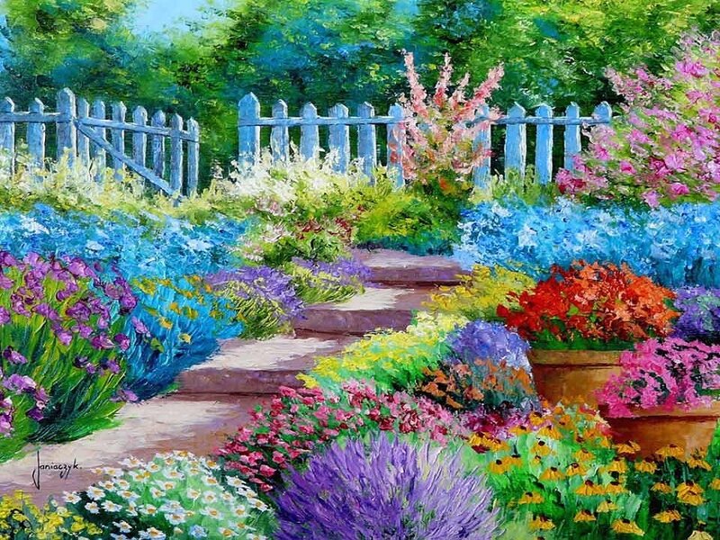 Colorful Garden Path — Purple, Serene, Afternoon, Painting, Fence