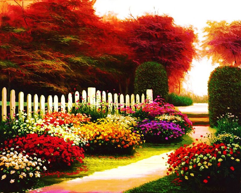 Colorful Garden Path — Red, Serene, Sunset, Painting