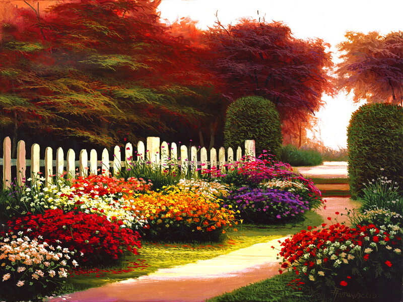 Colorful Garden Path — Red, Serene, Sunset