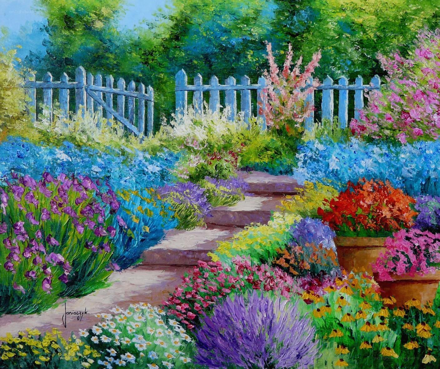 Colorful garden path scene