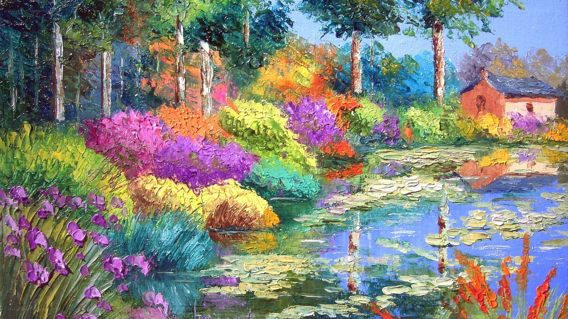 Colorful garden pond scene
