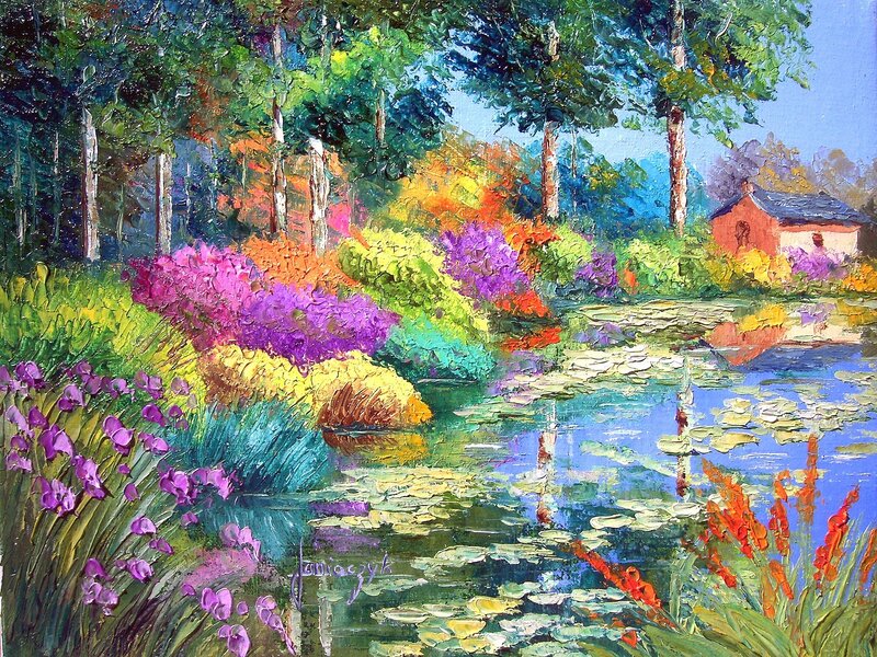 Colorful garden pond scene