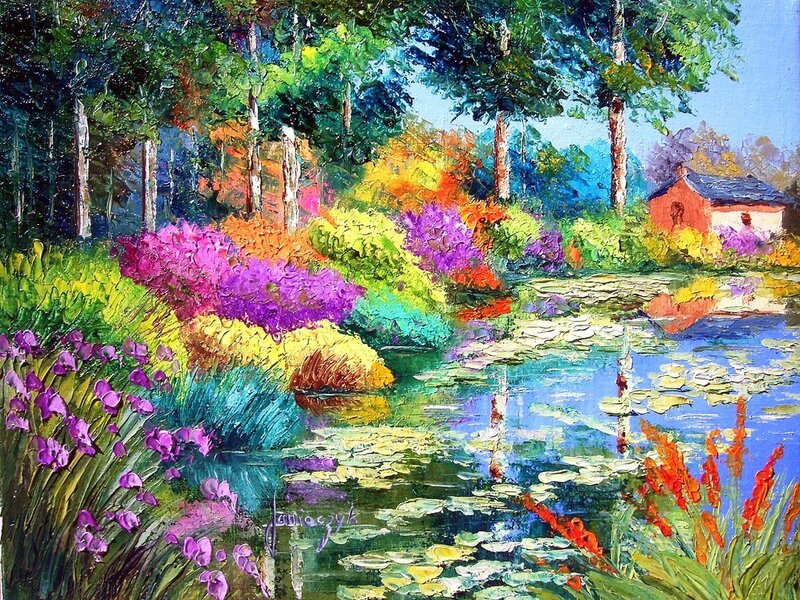 Colorful garden pond scene