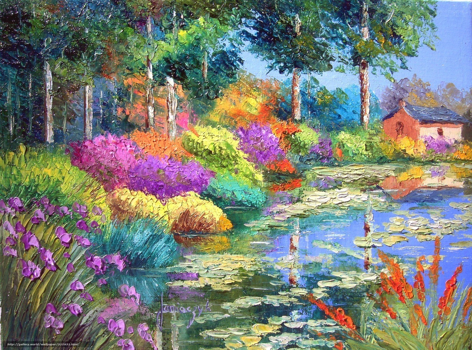 Colorful garden pond scene