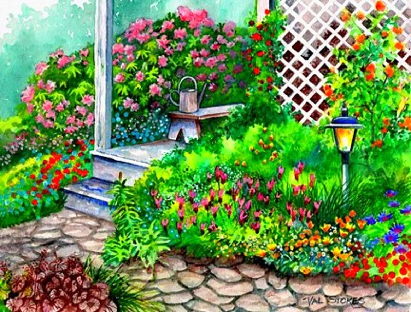 Colorful Garden Scene — Green, Serene, Afternoon, Illustration