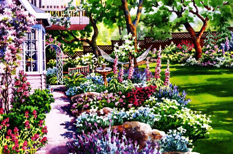 Colorful Garden Scene — Green, Serene, Afternoon, Painting