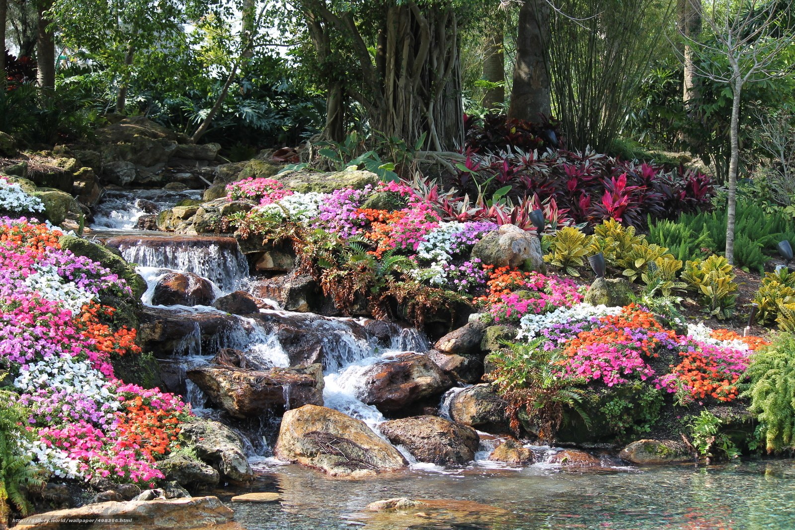 Colorful garden waterfall scene
