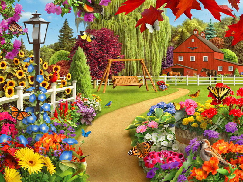Colorful Garden with Barn — Red