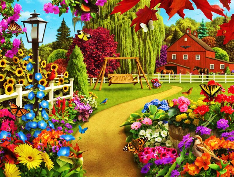Colorful Garden with Barn